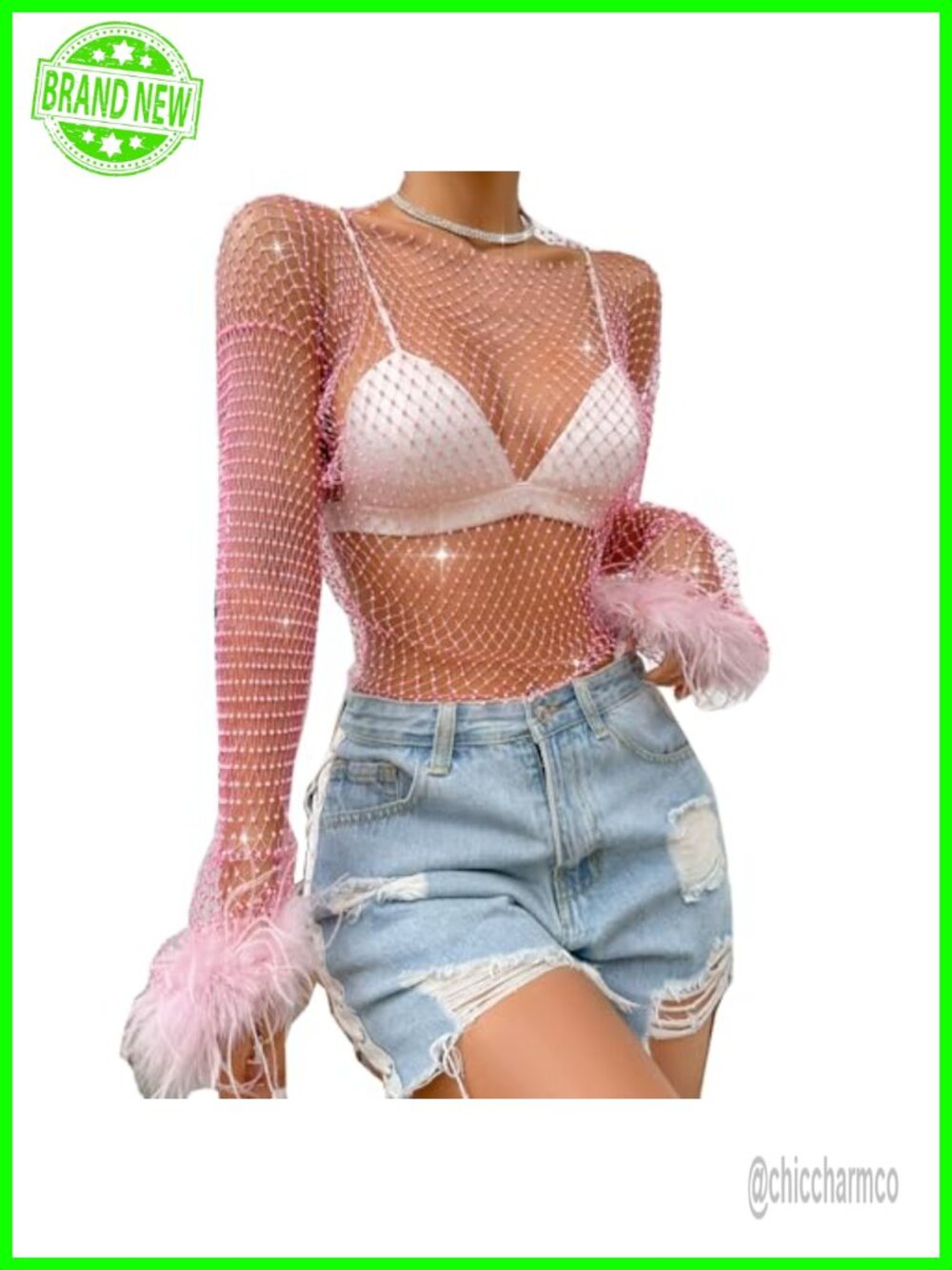 Rhinestone Fishnet Crop Top Long Sleeve Sheer Mesh Bikini Cover Up Rave Party
